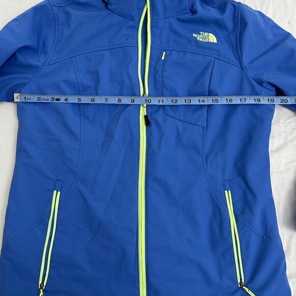 North Face Women’s Blue Softshell Jacket – Neon Accents, Hooded, Water Resistant - Picture 4 of 5